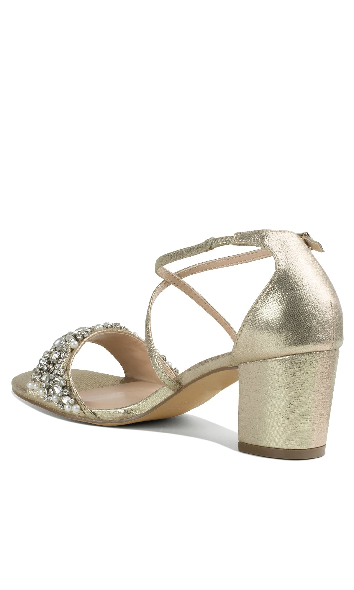 The Evangeline Champagne Prom Shoes by Paradox London (P2202) feature block heels, an ankle strap, and front-strap gemstones—stunning jeweled heels to add sparkle to your look, viewed from the back.